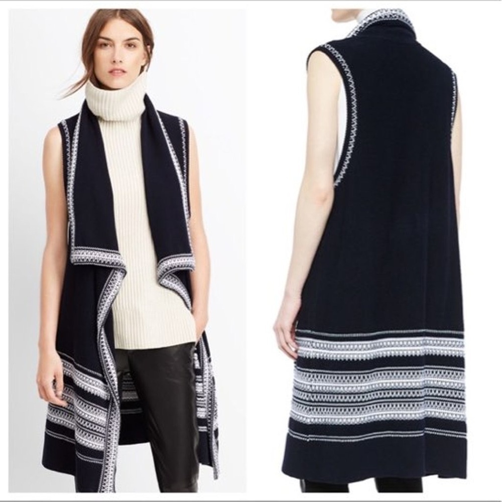 Vince Navy and White 100% Cotton Waterfall Open Front Cardigan Vest Size S